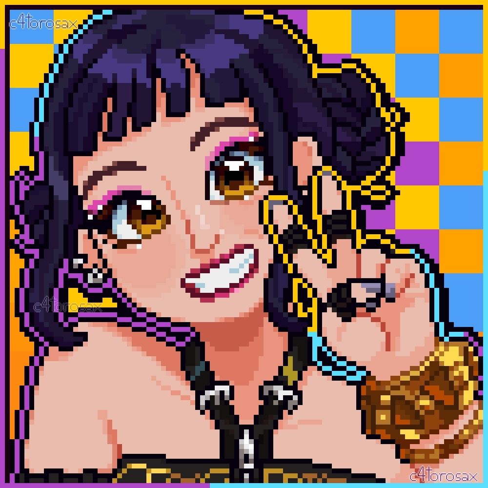 Pixel art of Zoey from the movie KPop Demon Hunters. She is smiling while tilting her head to the left side and making the peace sign with her hand.