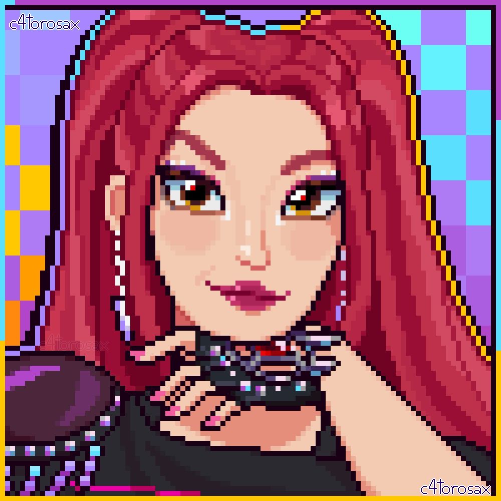 Pixel art of Mira from the movie KPop Demon Hunters. She is smiling and resting her head on her hand.