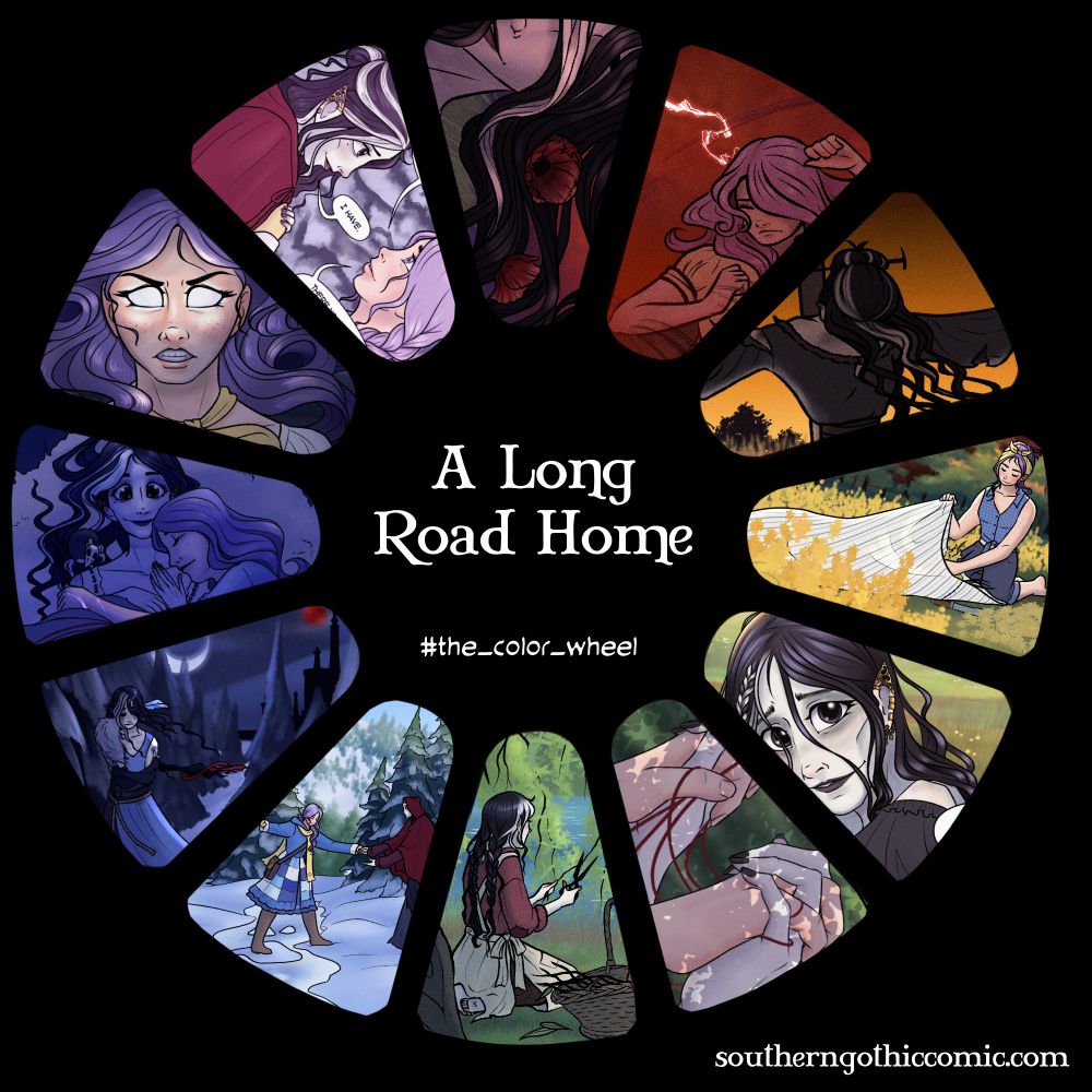 Silces of 12 panels of a webcomic arranged by hue in a color wheel.