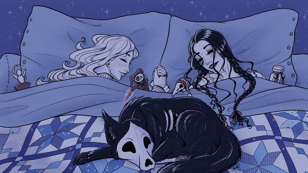 Illustration in wintry blue and white shades with muted red details. Imogen and Laudna are asleep in bed together underneath a blue and white quilt with a star pattern. Tucked into bed around them are Laudna's assorted creepy puppets and undead familiars. They are holding hands and smiling peacefully in their sleep.