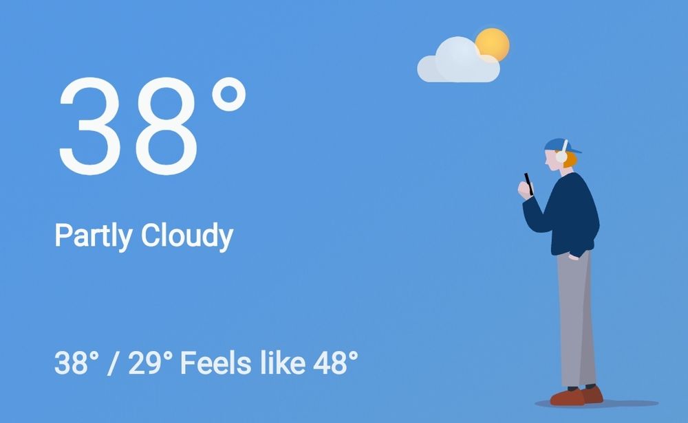 A screenshot of a weather app. It is 38 degrees Celsius and partly cloudy. It feels like 48 degrees Celsius, and it will fall to 29 degrees Celsius at night. There is a cartoon figure of a person wearing long sleeves despite the deadly heat.