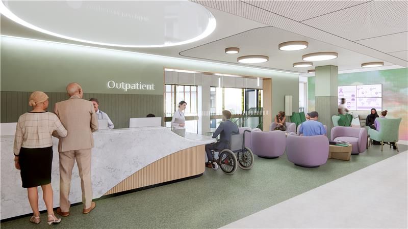 An AI developed image of the inside of the new Cambridge Cancer Research Hospital.