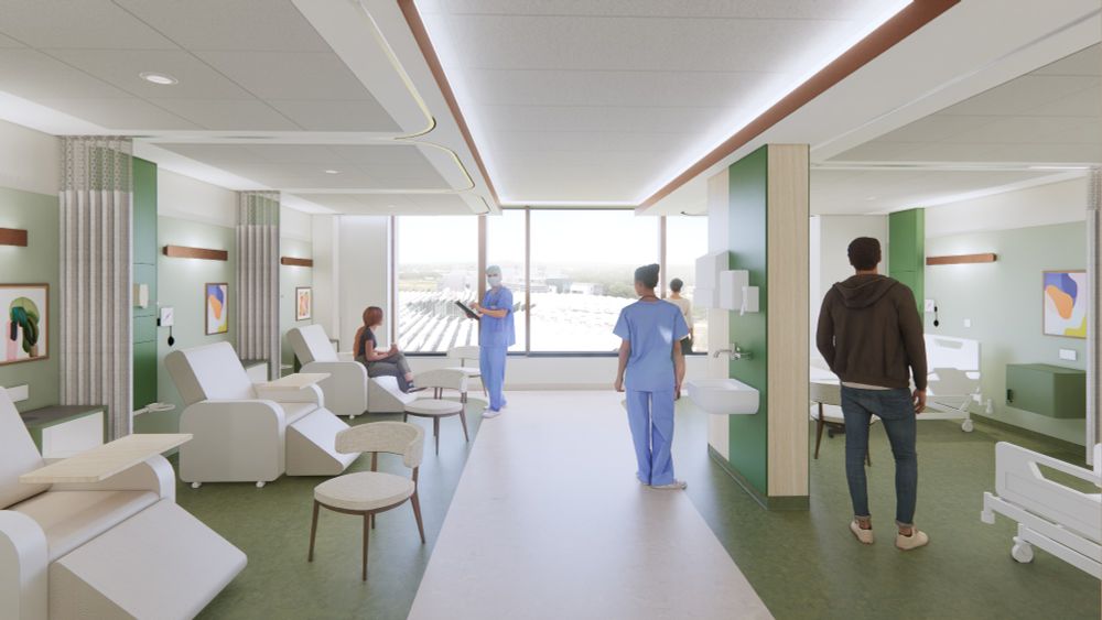 An AI developed image of the inside of the new Cambridge Cancer Research Hospital.