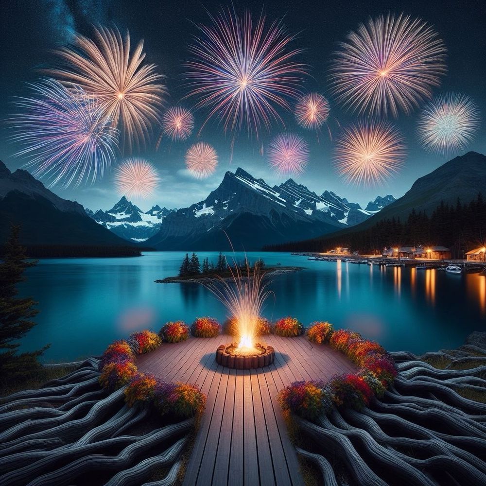Feuerwerk über imaginärer Seen- und Berglandschaft (Bild mit DALL·E / KI generiert)