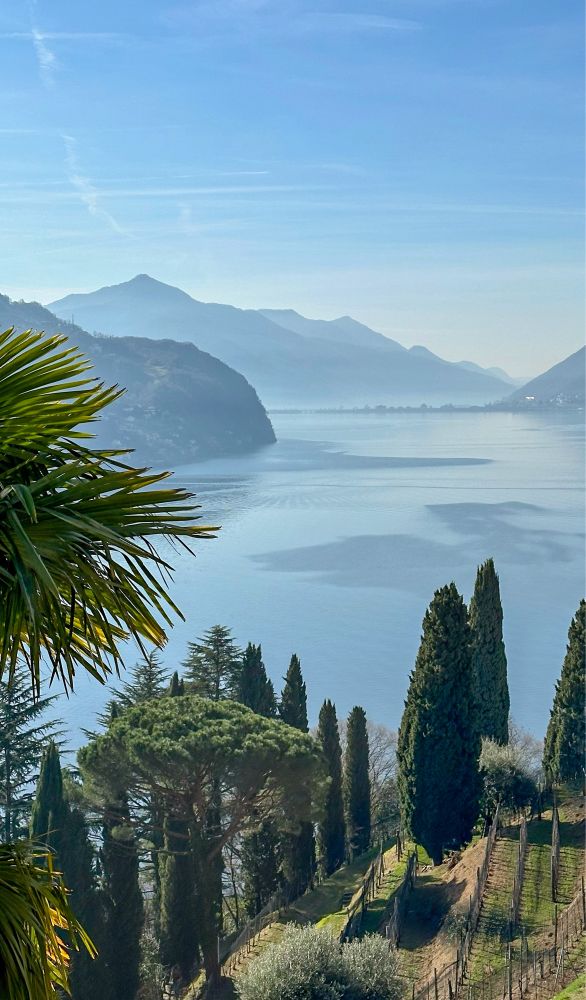 Blick von 📍Gandria 🇨🇭 über den Lago di Lugano in Richtung Seedamm zwischen Melide 🇮🇹 und Bissone 🇨🇭