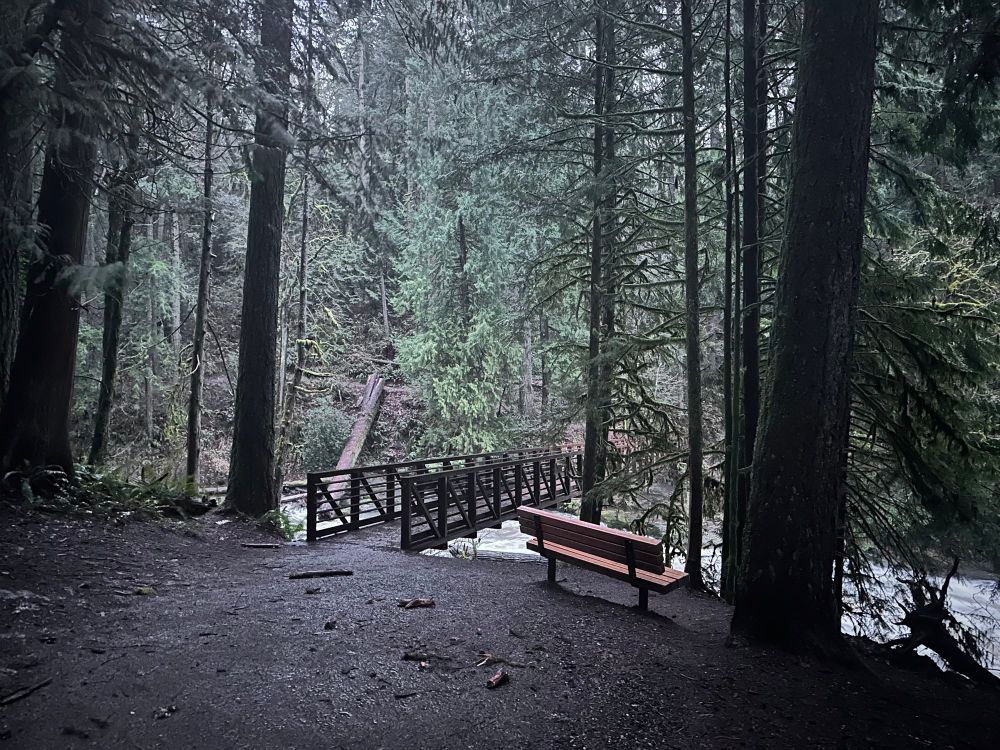 A tan bench next to a waterfall and bridge on a dirt path