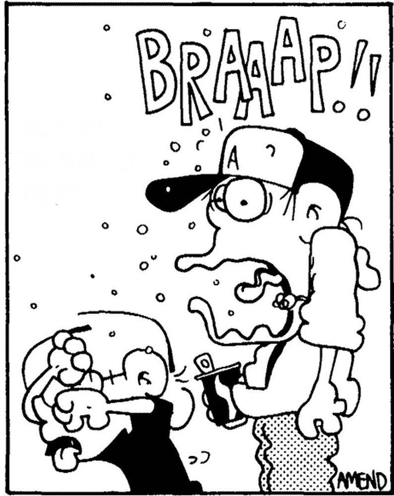 peter and jason from foxtrot. jason is recoiling in disgust as peter lets out an enormous belch. 