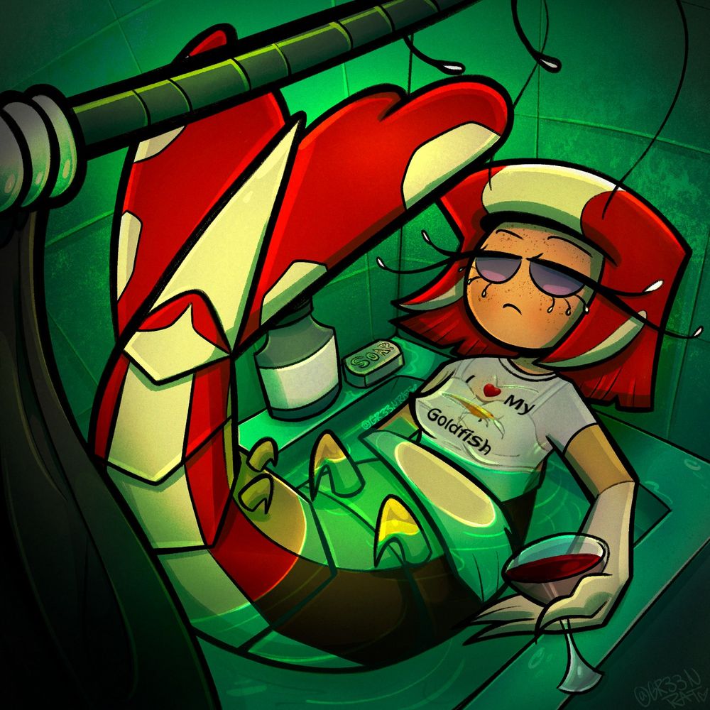 An upward tilted angle of Paprika Shrimp Cookie, my character, stuck in a bathtub because of her magic wearing off. 