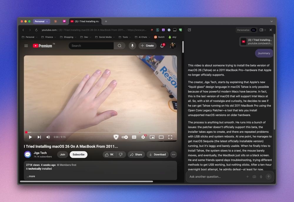 A screenshot of a computer screen showing a YouTube video playing within the Dia browser. The video is titled "I Tried Installing macOS 26 On A MacBook From 2011..." by Jiga Tech. On the right, a summary describes the video content, which is about attempting to install a beta version of macOS 26 (Tahoe) on an unsupported 2011 MacBook Pro using an Open Core Legacy Patcher, detailing the process and difficulties encountered. The video frame shows a hand on a wooden surface. The screenshot also highlights the Dia browser's interface, indicating the use of its "skills" feature with a user-created custom skill.
