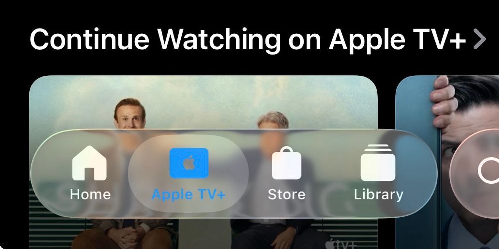 Screenshot from the Apple TV app. There is a glass toolbar that’s mostly legible. But the active icon is blue and nearly impossible to read