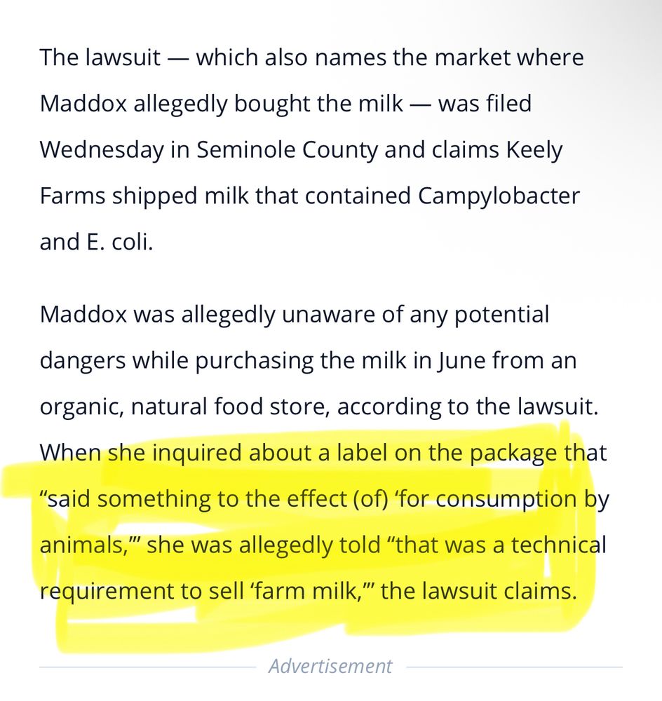 The lawsuit - which also names the market where Maddox allegedly bought the milk — was filed Wednesday in Seminole County and claims Keely Farms shipped milk that contained Campylobacter and E. coll. Maddox was allegedly unaware of any potential dangers while purchasing the milk in June from an organic, natural food store, according to the lawsuit. When she inquired about a label on the package that 