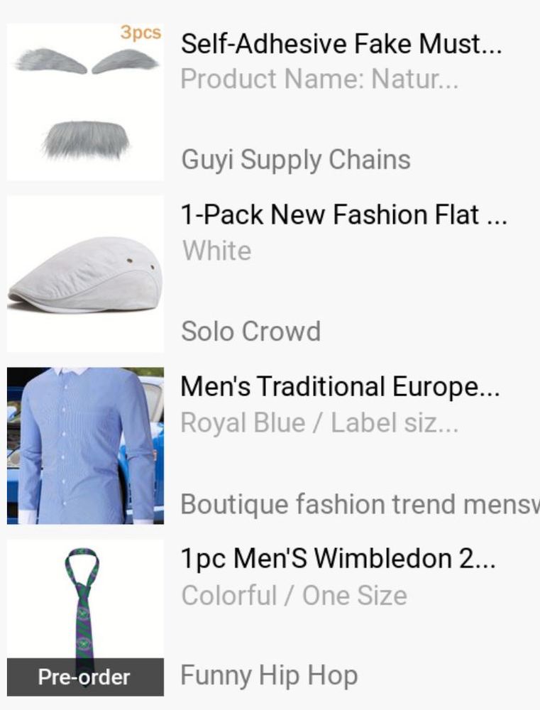 four items making up a tennis line judge outfit: grey eyebrows and mustache, white flat cap, blue shirt with white collar, wimbledon tie…