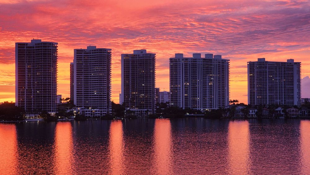 Sunset sky over Aventura, Florida. Photo taken from Sunny Isles Beach.