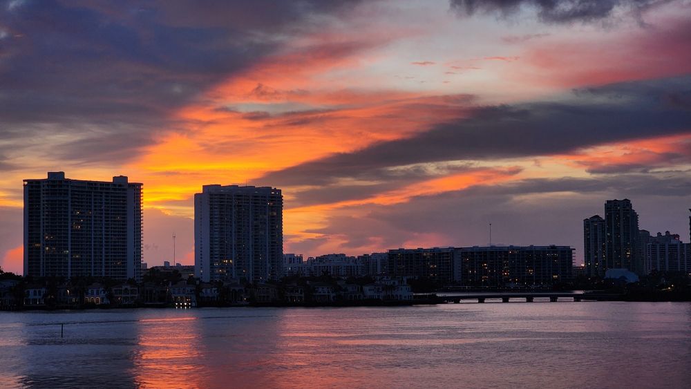 Sunset of Dumfoundling Bay and Aventura, Florida. Photo taken from Sunny Isles Beach.