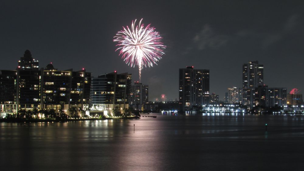 Aventura's Fourth of July fireworks as seen from Sunny Isles Beach, Florida.