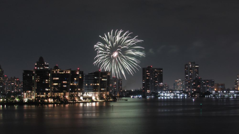 Aventura's Fourth of July fireworks as seen from Sunny Isles Beach, Florida.
