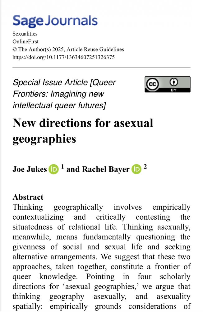 White webpage with black text. This displays the article title ‘New directions for asexual geographies’, and the Abstract: ‘ Thinking geographically involves empirically contextualizing and critically contesting the situatedness of relational life. Thinking asexually, meanwhile, means fundamentally questioning the givenness of social and sexual life and seeking alternative arrangements. We suggest that these two approaches, taken together, constitute a frontier of queer knowledge. Pointing in four scholarly directions for ‘asexual geographies,’ we argue that thinking geography asexually, and asexuality spatially…’