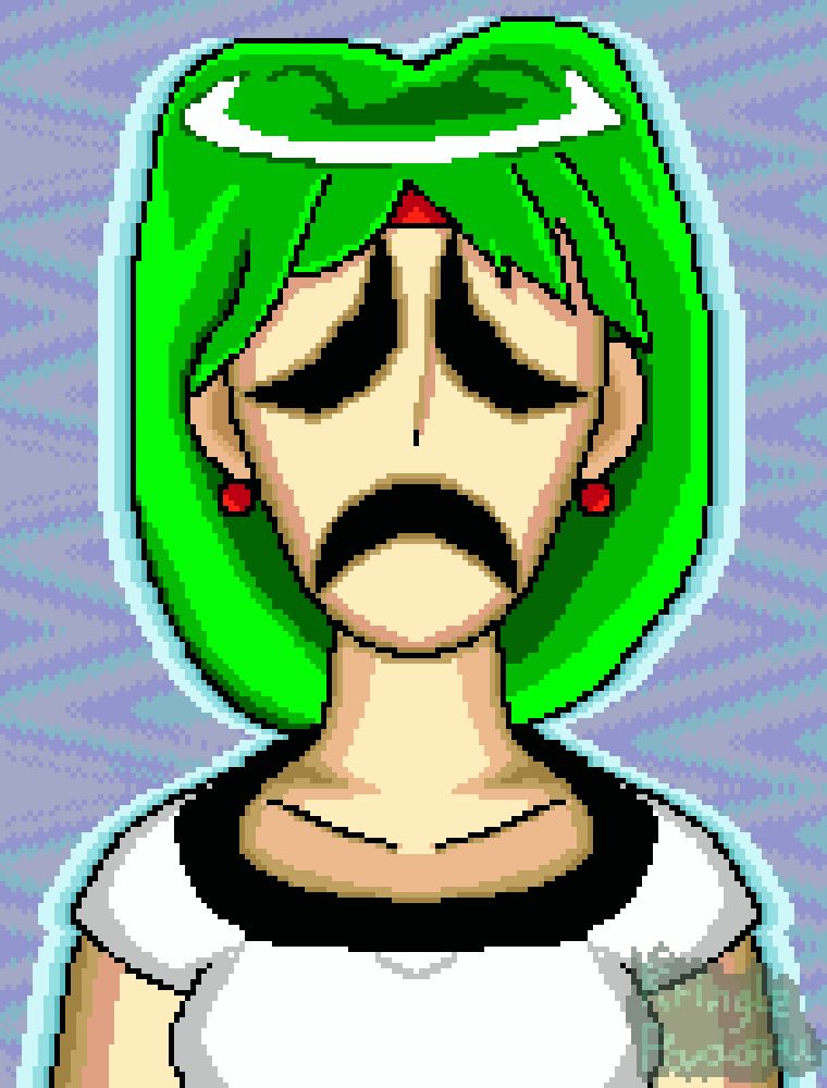 Phantom Mina appears with a frowning expression made up of three cresent-shaped holes, warning Cissal in a bizzare flash that she will die soon. The background is an odd and colorful psychadelic wave that covers everything behind Phantom Mina.