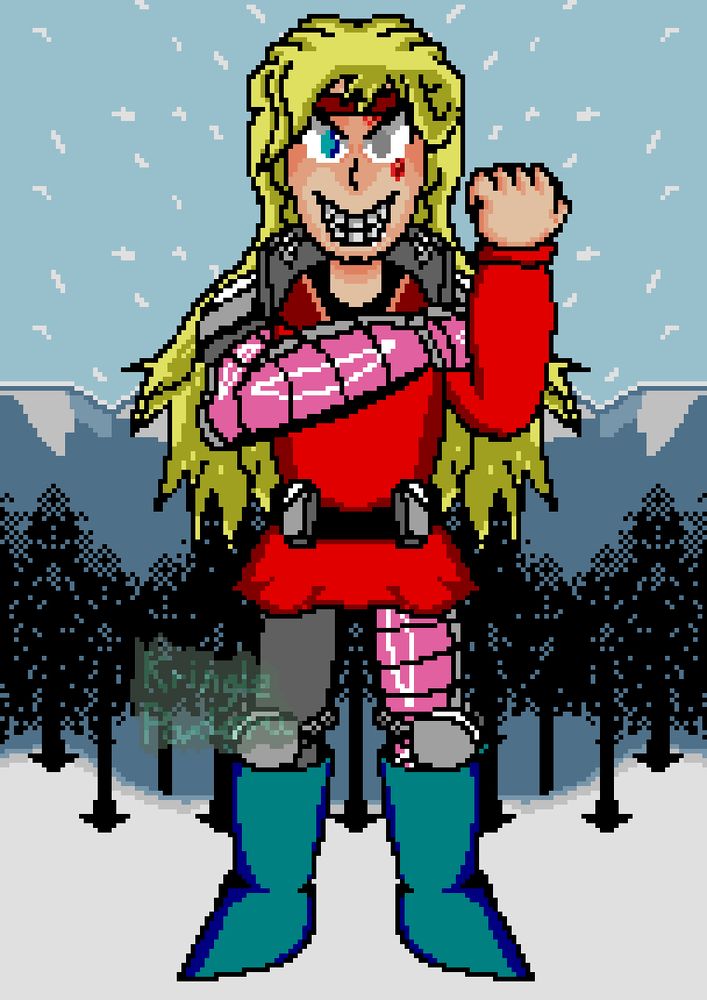 Anna Zirski gives the viewer an obscene "up yours" gesture while stranding in a snowy Dezo with a forest behind her, and sports a cut in her left eye that makes her half-blind along with a cybernetic arm and leg. Her clothes are based off her appearance from her respective Text Adventure spinoff game.