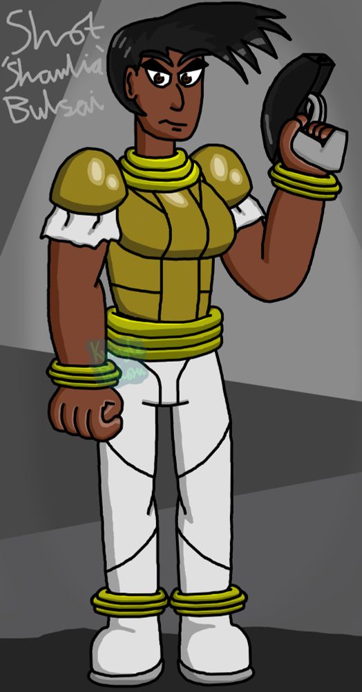 A picture showing KringlePadoru's Phantasy Star OC "Shot 'Shaulia' Bulsai" on a greyish triangular background. She stands with a gun (named the "Siya Pistol") in her left hand as she looks at the viewer.

Shot Bulsai was born on La Dune (yes, the La Dune from Fantasy Zone) and sports a dark skin tone. Ethnically she is Afro-Iranian.