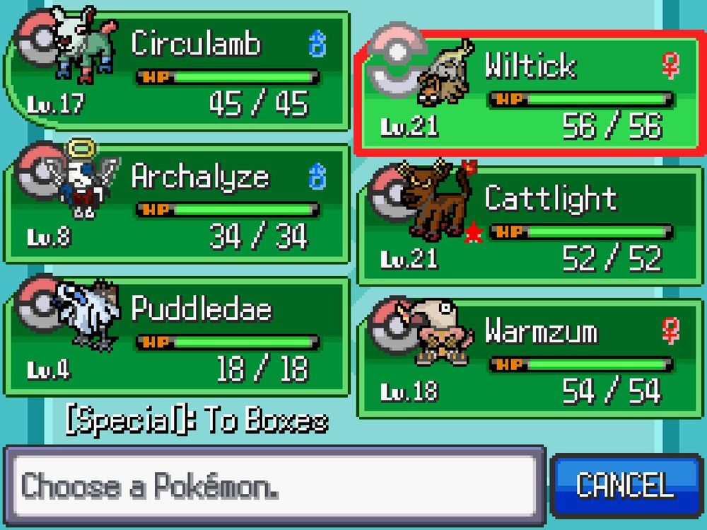 The party menu screen in Pokemon Gray showing the party sprites of all the members, all of them entirely composed of new Fakemons for Pokemon Gray. (Circulamb, Wiltick, Archalyze, Cattlight, Puddledae, Warmzum)