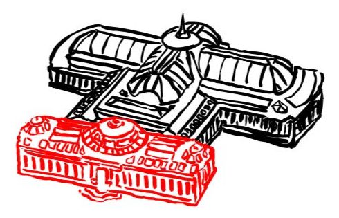Illustration faite à la main représentant le Grand Palais en noir, et le Palais d'Antin qui lui est rattaché, en rouge. Le fond est blanc.
Le Palais d'Antin est le lieu de résidence du Palais de la Découverte depuis 1937.