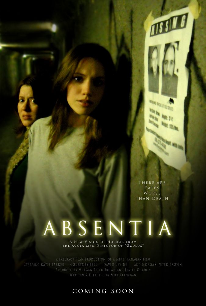 A movie poster for Absentia (2011). Features two women looking scared next to a missing poster.