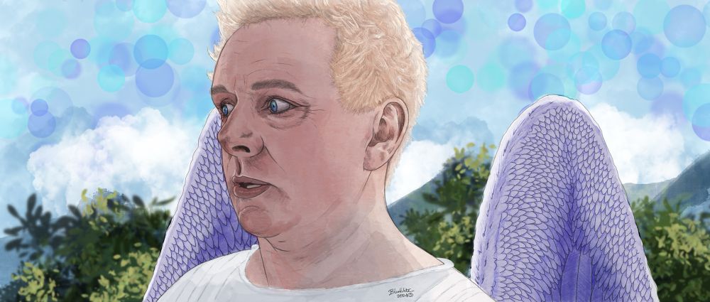 Aziraphale looking left with his wings relaxed behind him. Drawn by blinkilite for the Every Frame of Eden project, 2024