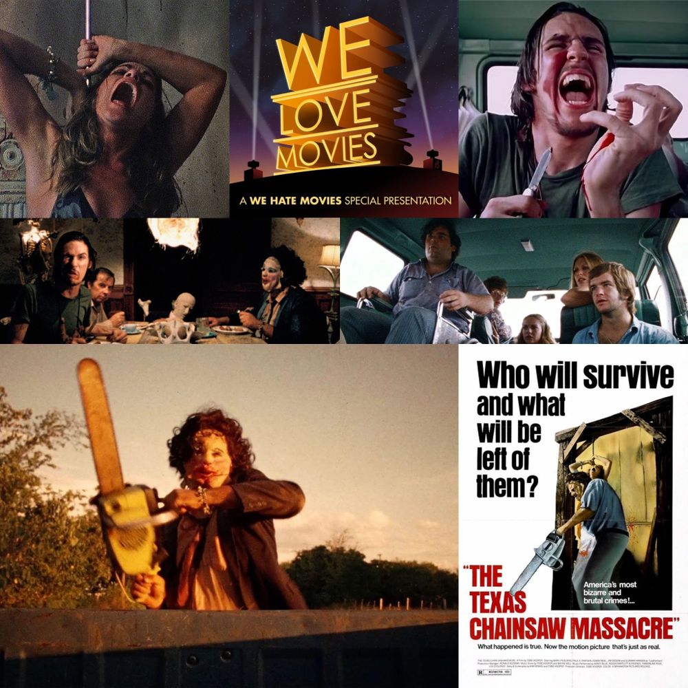 This the promo card for our WLM episode on Texas Chainsaw Massacre. It features our show logo, the movie's poster, and several frames from the film.
