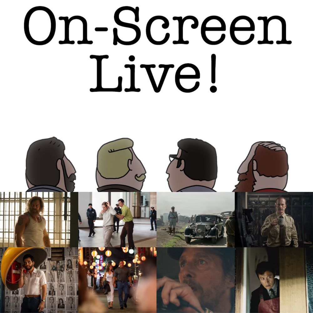 This is a promo card for the On-Screen Live episode where we cover films we saw at the Toronto International Film Festival. It features the show's logo, along with frames from eight of the films we review. Starting at the top left and moving clockwise, we have frames from:

Motor City
Dead Man's Wire
Nuremberg
Normal
No Other Choice
The Lost Bus
The Smashing Machine
The Secret Agent