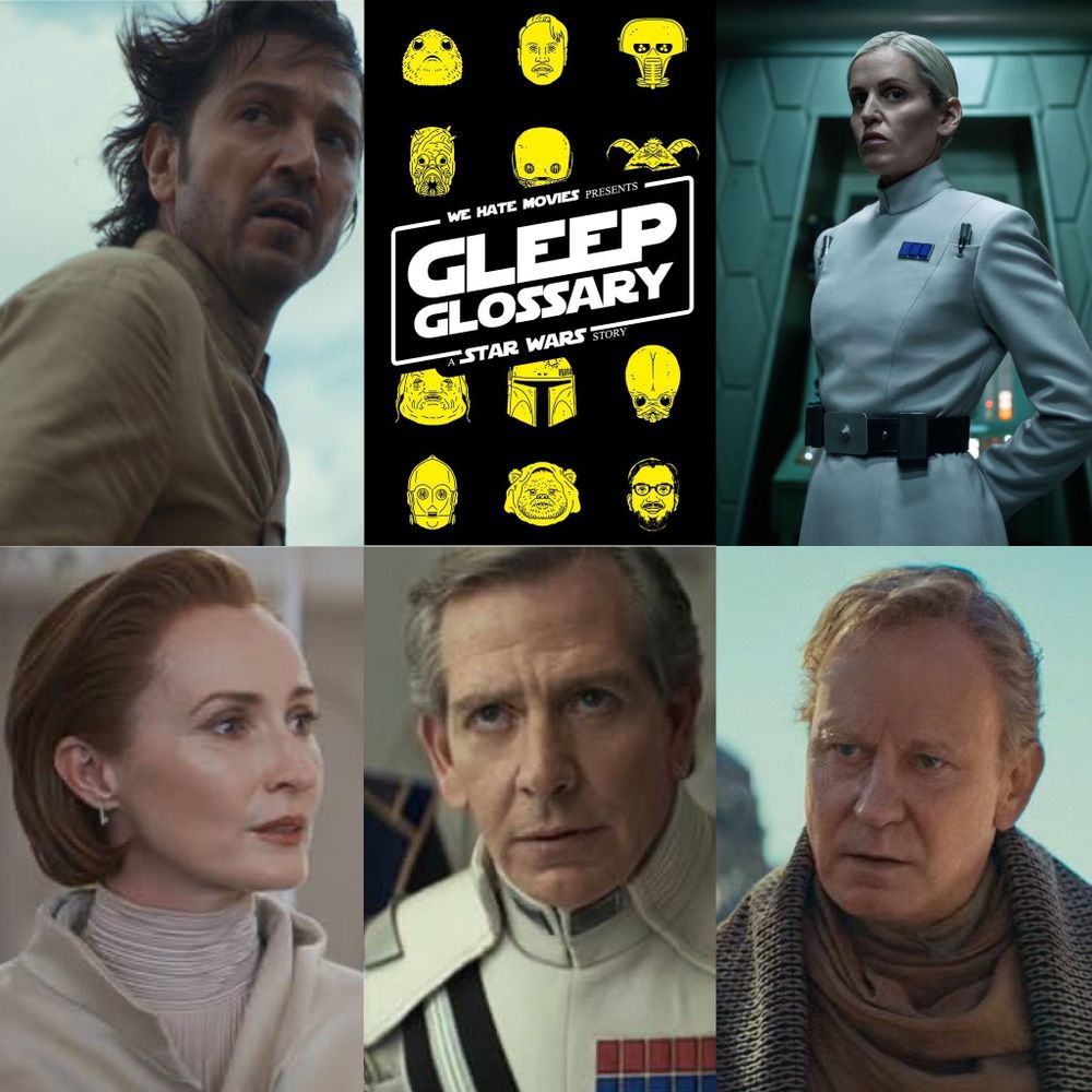 This is the promo card for our Gleep Glossary episode on Andor season 2. It features our show's logo, along with images of five actors, Diego Luna, Denise Gough, Stellan Skarsgård, Ben Mendelsohn, and Genevieve O'Reilly.