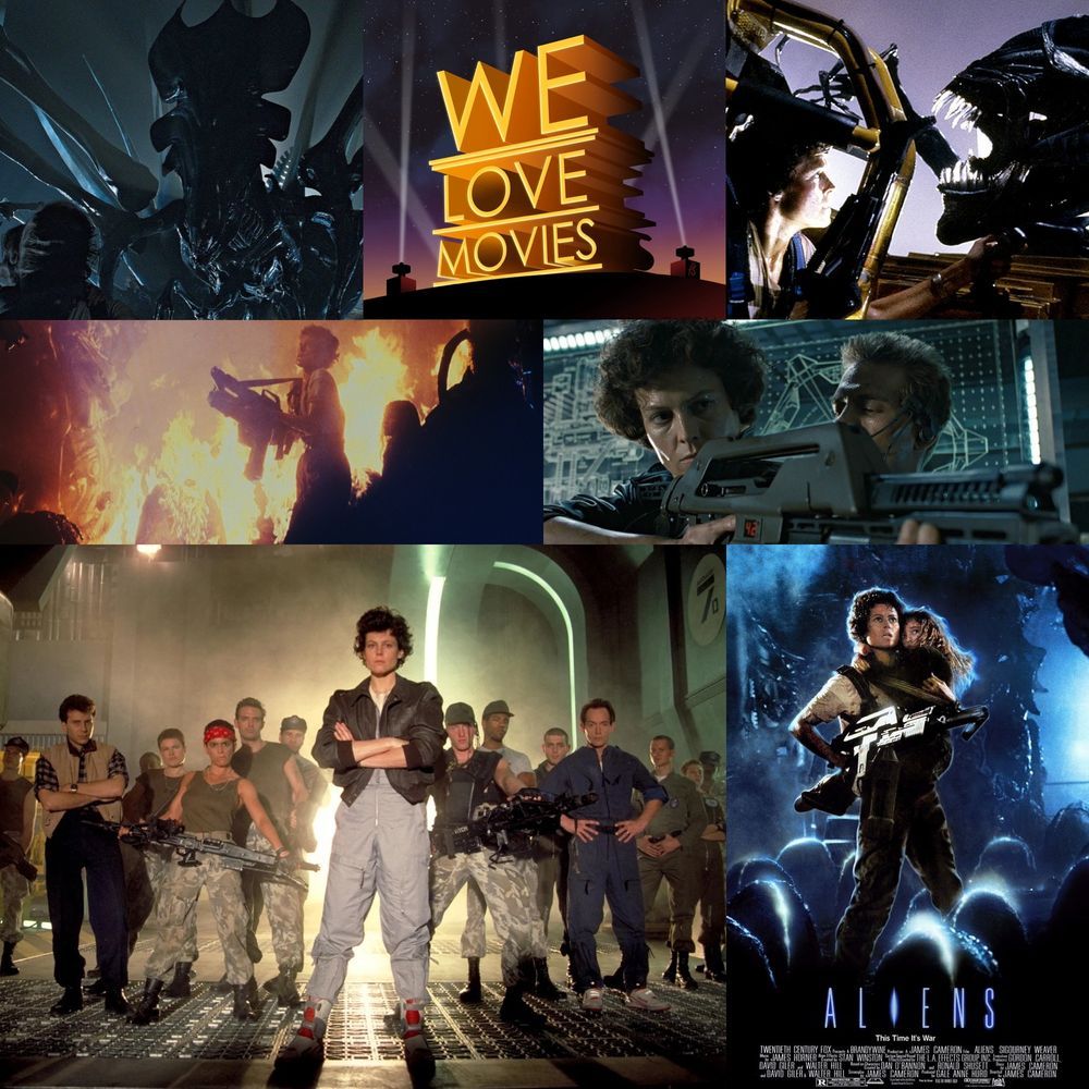 This is promo card for our We Love Movies episode on Aliens. It features the show's logo, the film's poster, and several frames from the movie, most featuring Sigourney Weaver and/or xenomorphs.