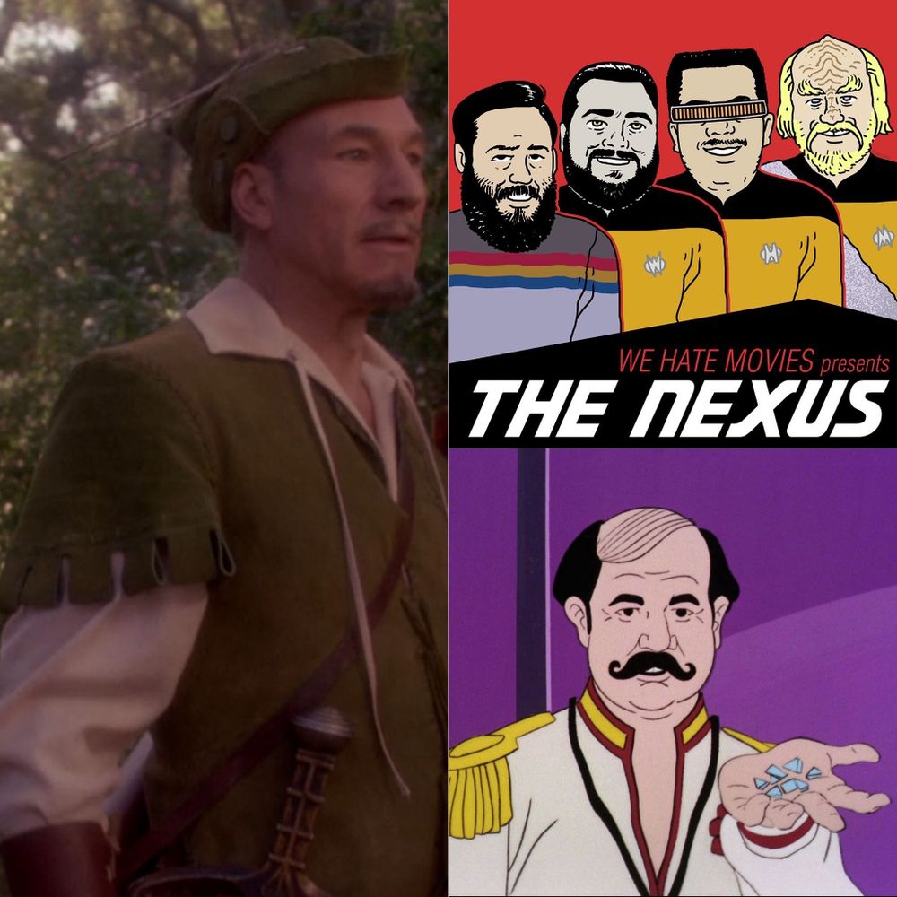 This is the promo card for the latest episode of our Star Trek recap show, The Nexus. It features the show's logo, along with a frame of Patrick Stewart dressed up as Robin Hood, and a frame of the animated version of Harry Mudd.