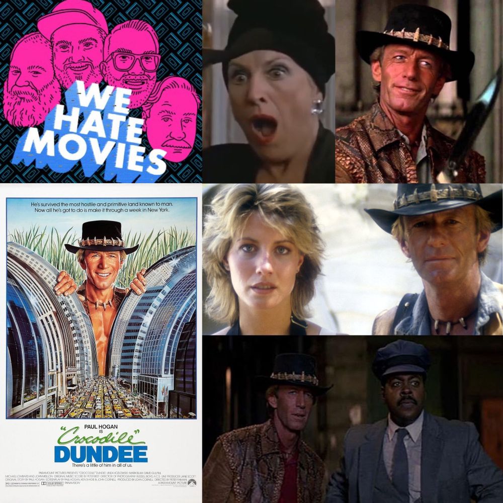 This is the promo card for our WHM show on Crocodile Dundee. It features our show logo, the theatrical poster for the film, and several frames from the movie itself featuring Paul Hogan, Reginald VelJohnson, Linda Kozlowski, and Anne Francine.