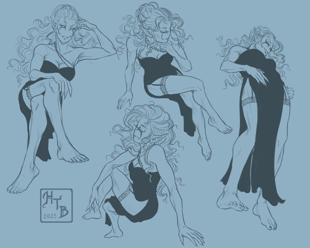 Different poses from challenging angles of my oc Beastie, a humanoid monstress- posemaniacs models were used as heavy reference. She is wearing a sleek black dress with high slits on the skirt part.