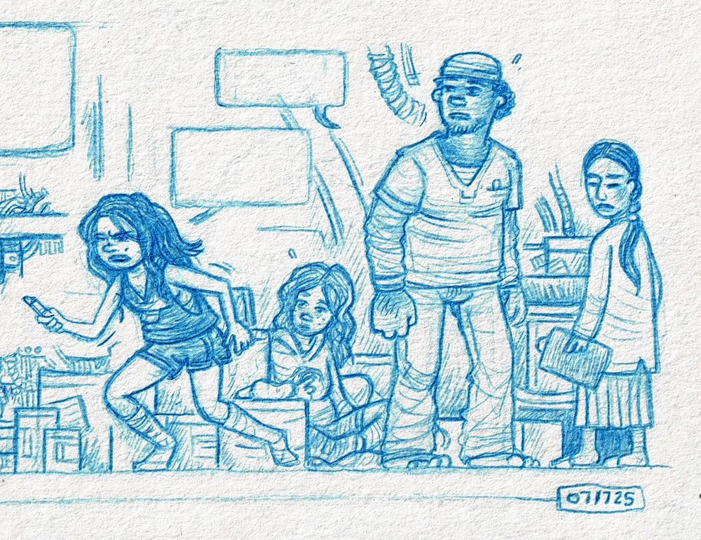 A blue pencil drawing of four characters from the Nod Away series in a room full of boxes, one is charging an unseen character with a box cutter.