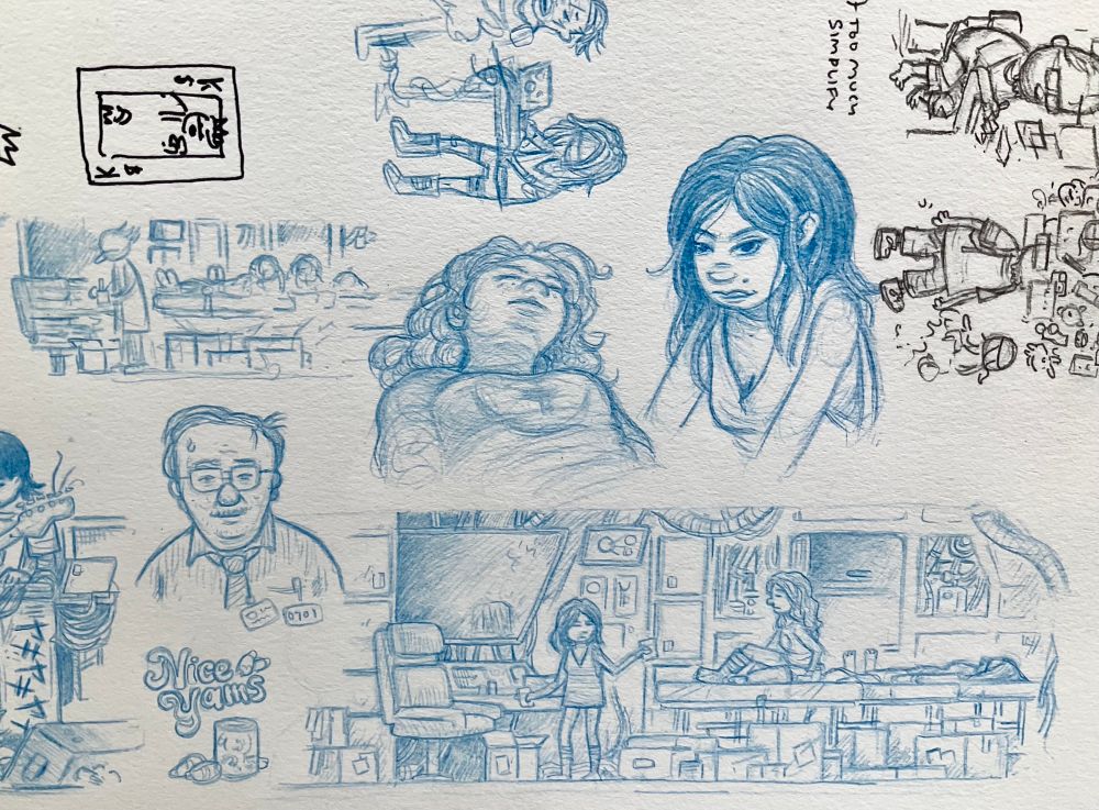 A few blue pencil drawings of character and an a deep space transport interior from my next comic. A sweaty, frumpy counselor, a couple female characters, one sleeping. A can of sweet potatoes, the brand is ‘Nice Yams’