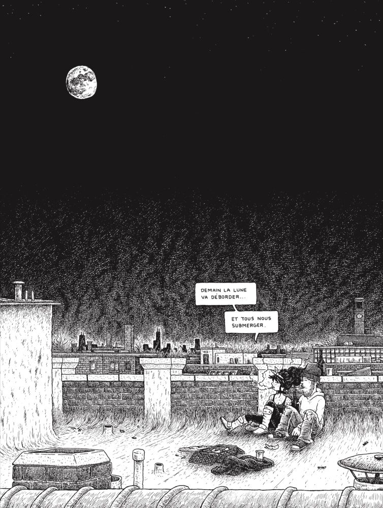 A drawing of a couple sitting on a Chicago building rooftop at night drinking wine, the Loop skyline can be seen in the distance. It’s nighttime, the woman is looking at the moon and saying “Demain la lune va déborder, et tous nous submerger.”