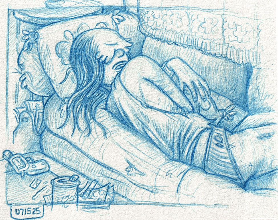 A blue pencil drawing of a character from my next book, a woman named Penelope Haporth being awakened from a nap on a ratty couch, sleeping in a torn shirt and underwear, a table next to the couch with money, drugs and a revolver sitting on top of it.