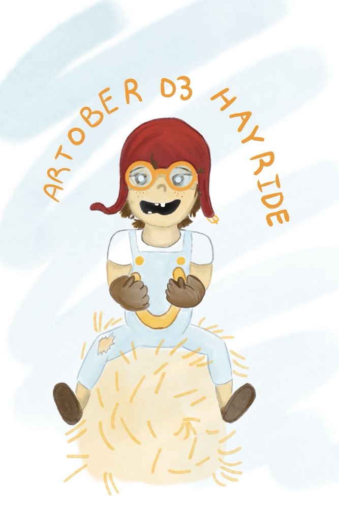 A child rides on a bale of hay and pretends to be flying an airplane