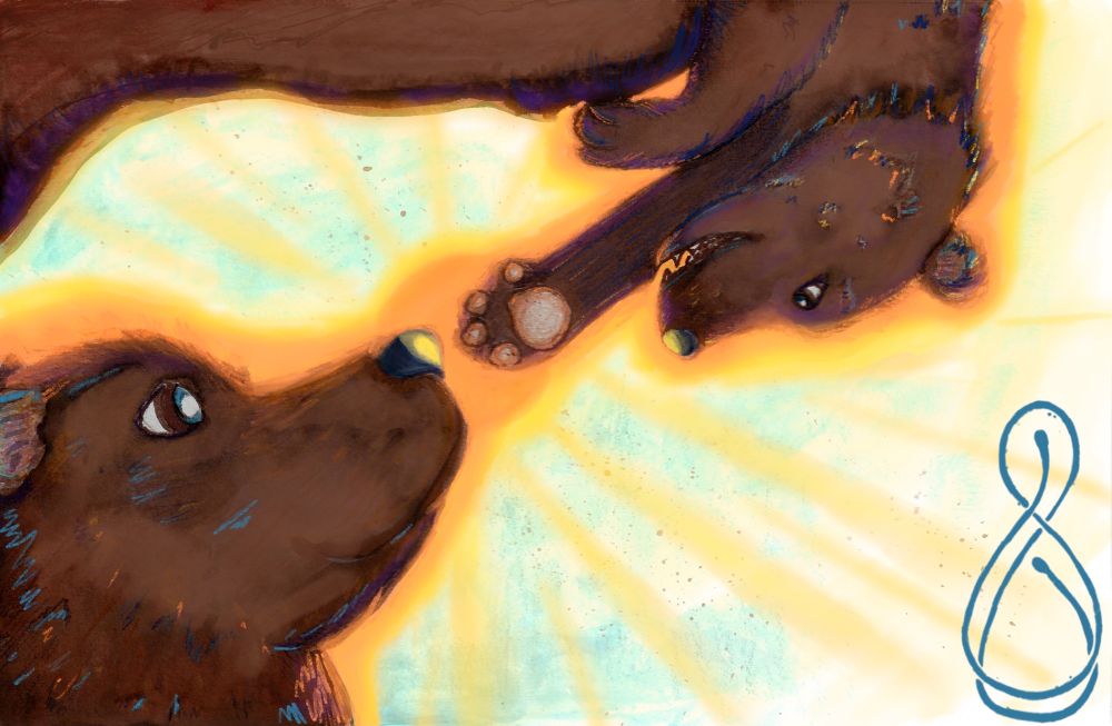 A bear cub boops his mom on the nose as he leans over a rock ledge. 