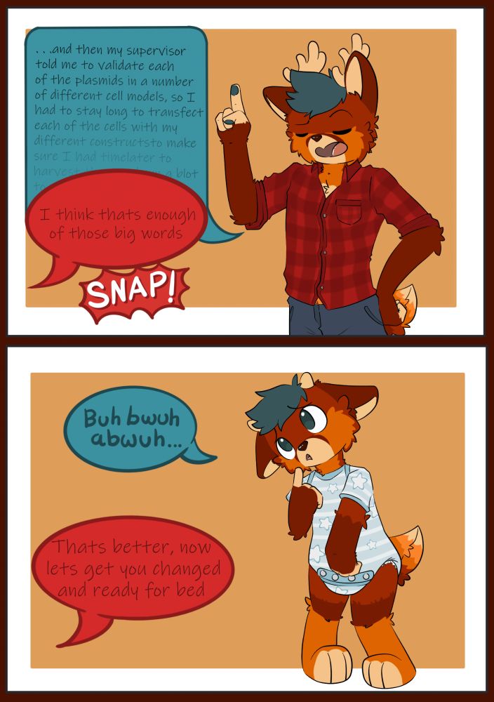 First panel: a deerfox getting interrupted in explaining some science by being told there's too many big words
Second panel: a regressed deerfox babbling in confusion as they're told to go for a change