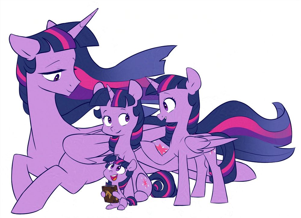 A collection of different ages of Twilight stand together talking to each other: from her filly days to when she was a unicorn and then a new princess to her final form years later as a full sized princess.
