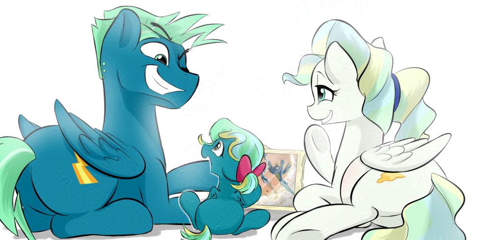 Sky Stinger and Vapor Trail show their foal a picture of the two of them flying in the Wonderbolts with Rainbow Dash and Spitfire, Sky Stinger looking proud while Vapor Trail smiles, chuckling at her goofy husband. 