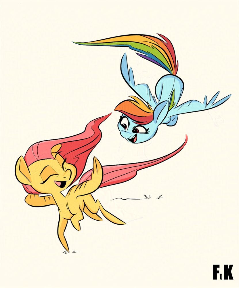 Rainbow chasing after Fluttershy in the sky, the two smiling and having a good time as they play a game of tag.