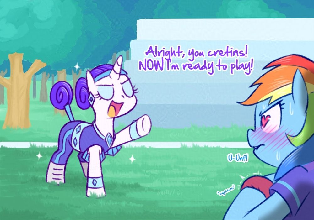 Rarity steps onto the Buckball field calling out, "All right you cretins! Now I'm ready to play!" the unicorn dressed in an elaborate Buckball outfit which includes a shirt and pants with her tail even wrapped up. Rainbow watches on, squishing the buckball in her hooves as hearts appear in her eyes, blush on her cheeks as she lets out a little "Unf" 