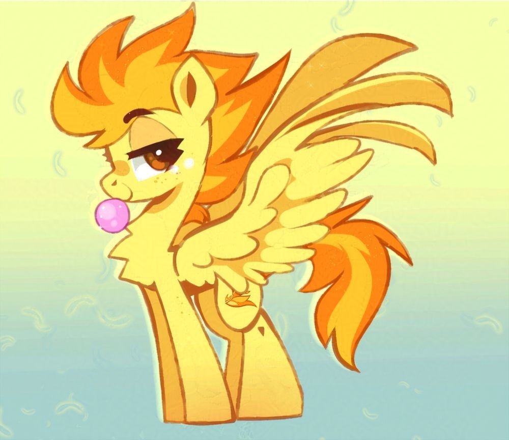 Spitfire with her wings outstretched as if posing, giving a side eye to the viewer as she blows a bubble with some gum.