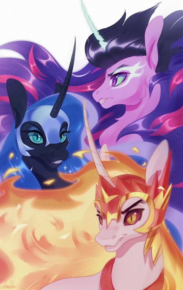 Midnight Sparkle, Nightmare Moon and Daybreaker all in a single shot with Nightmare Moon and Daybreaker looking at the viewer while Midnight Sparkle looks off to the side with a menacing snarl.