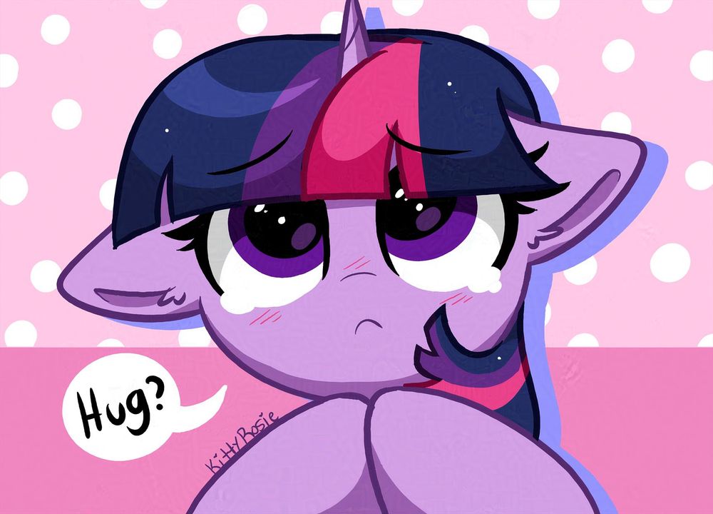 Twilight with tears in the corners of her eyes, looking up with a pleading expression, her hooves pressed together as she asks for a hug.