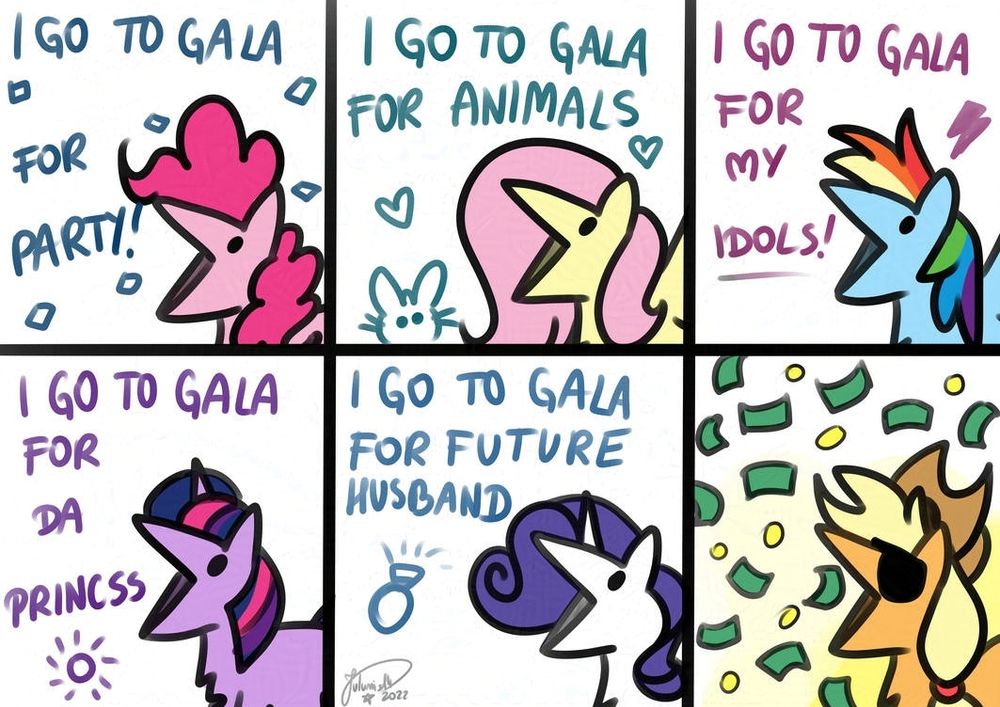 A comic of the mane six all saying why they are going to the Gala with Applejack's wish in the last panel simply being money raining from the sky, the mare wearing shades like a boss.